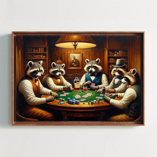 Raccoons Playing Poker - Framed Canvas Art | Whimsical Wall Decor