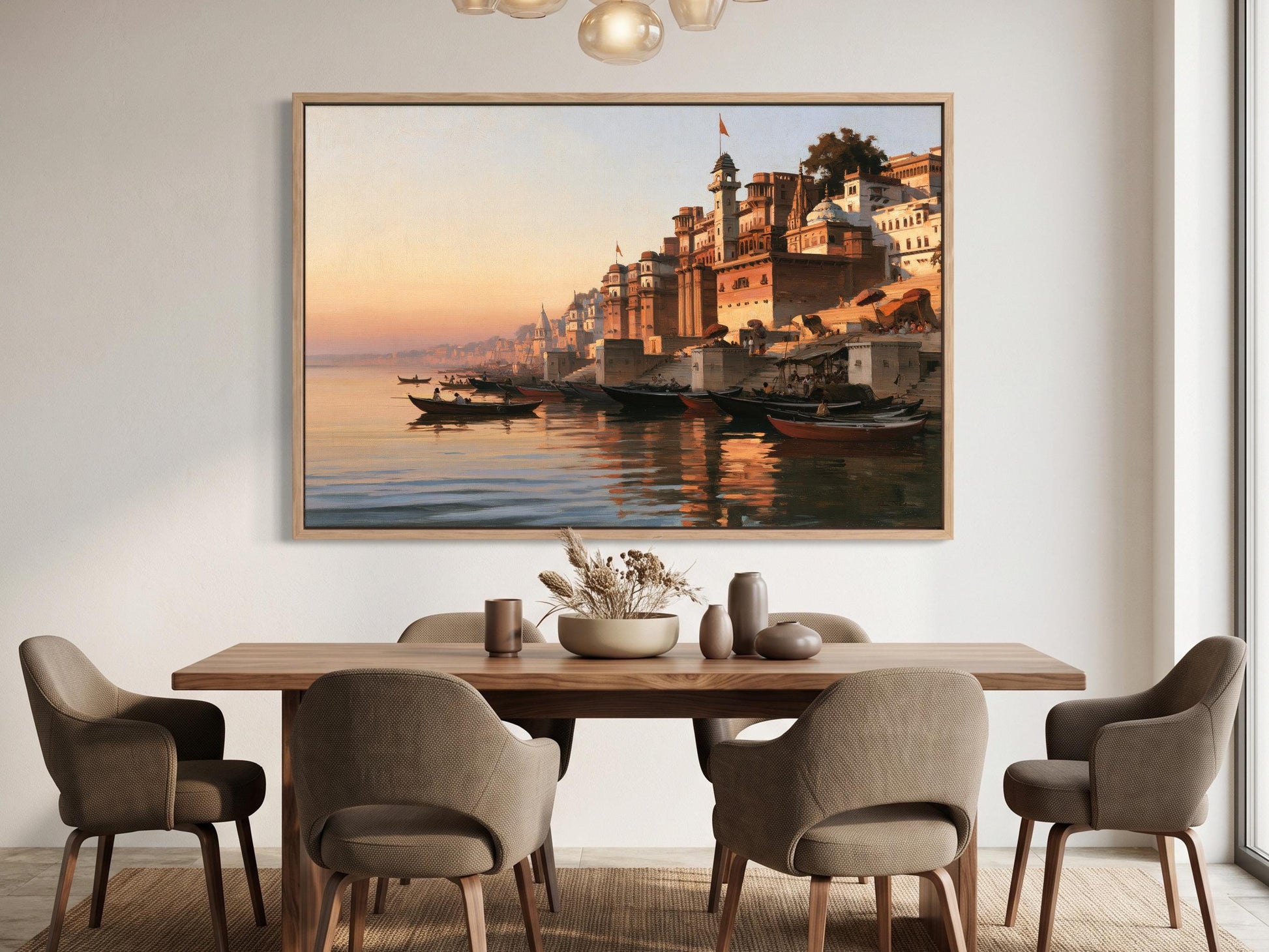 a large painting of a cityscape with boats on the water, hanging on a wall above a wooden dining table with six chairs.