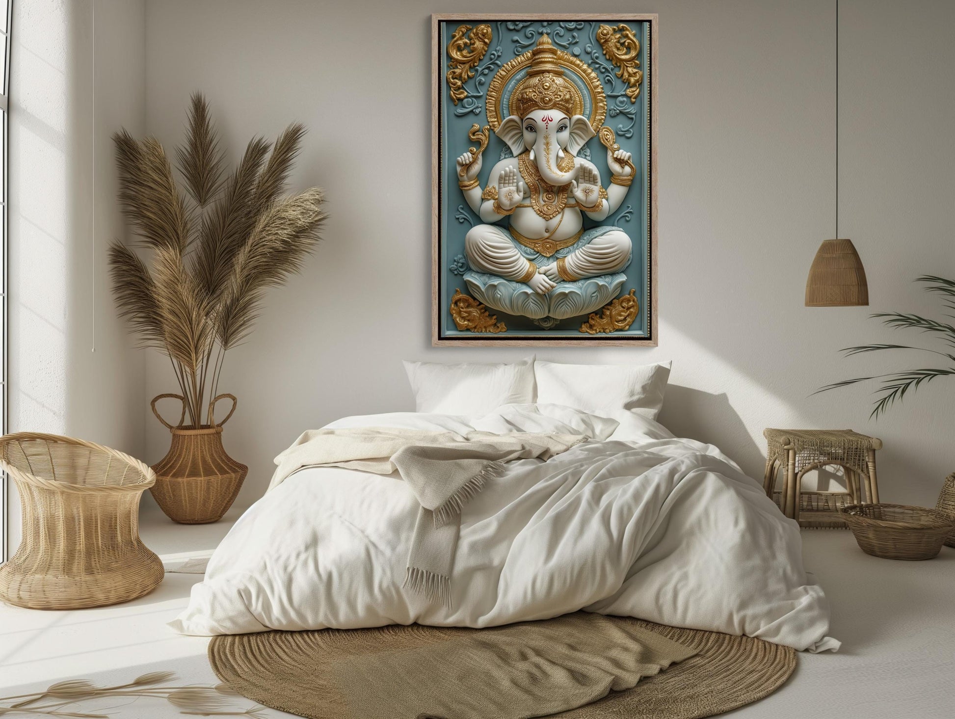 3D Ganesha canvas wall art shown above a bed