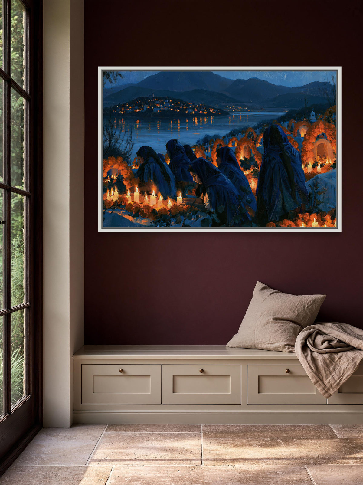 Day of the Dead candlelit vigil canvas wall art, serene scene of people gathered around a body of water, with the water