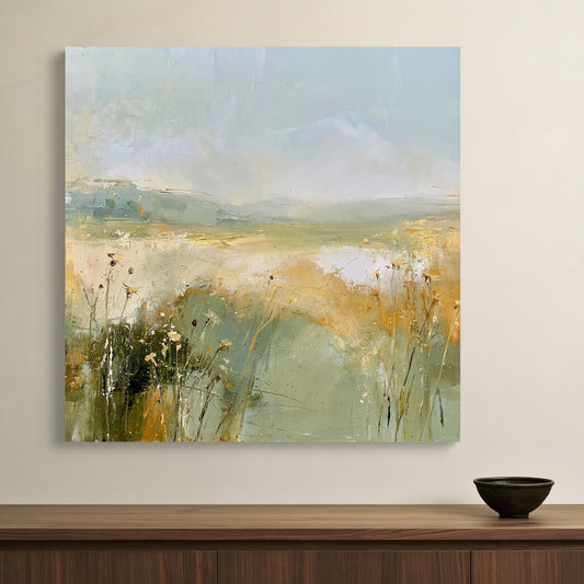 Wildflower meadow canvas wall art, sage green and ochre grasses under a misty sky, palette knife style