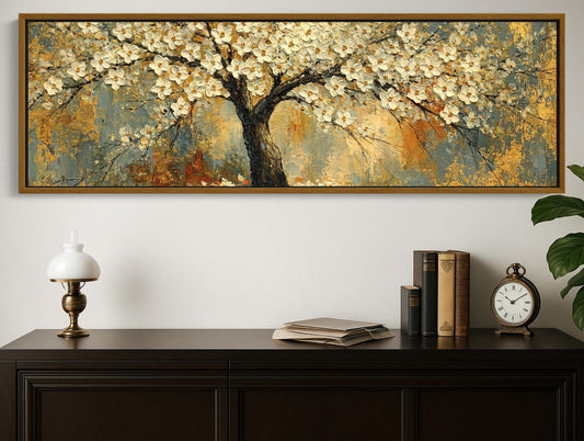 a large painting of a tree with white flowers hanging above a wooden dresser with a lamp and a stack of books.