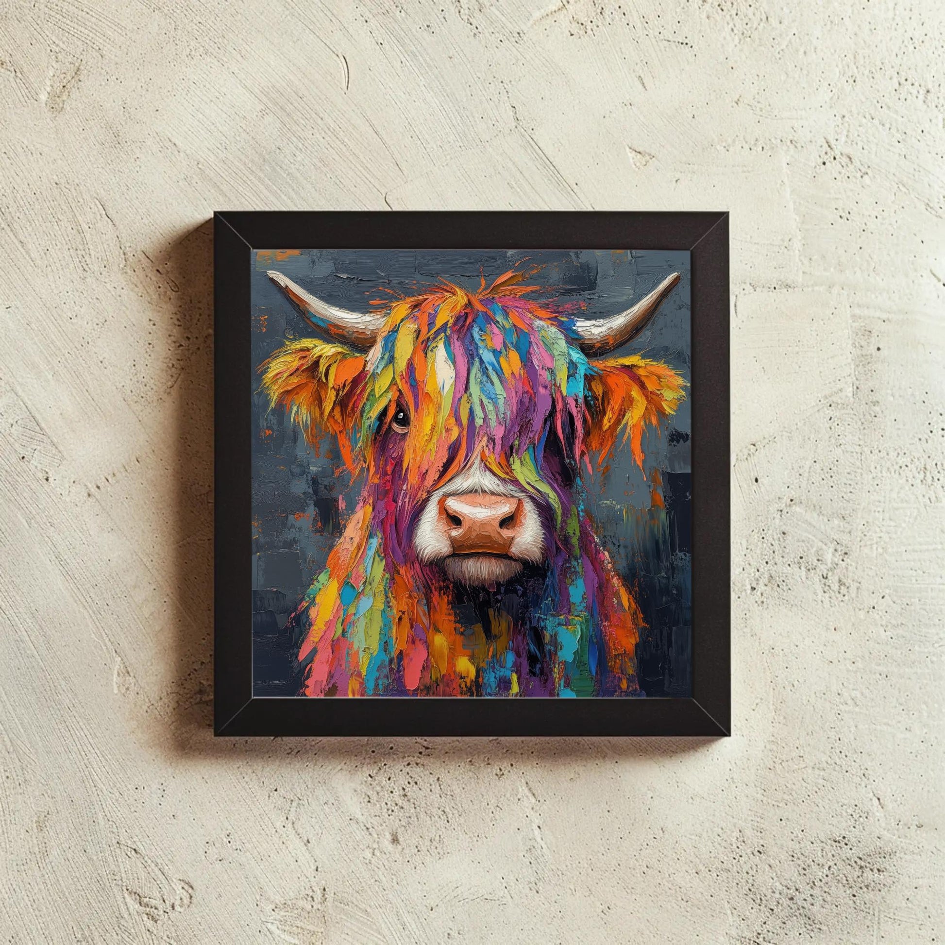 Colorful Highland Cow , Modern Farmhouse canvas wall art shown in a styled room (view 6)