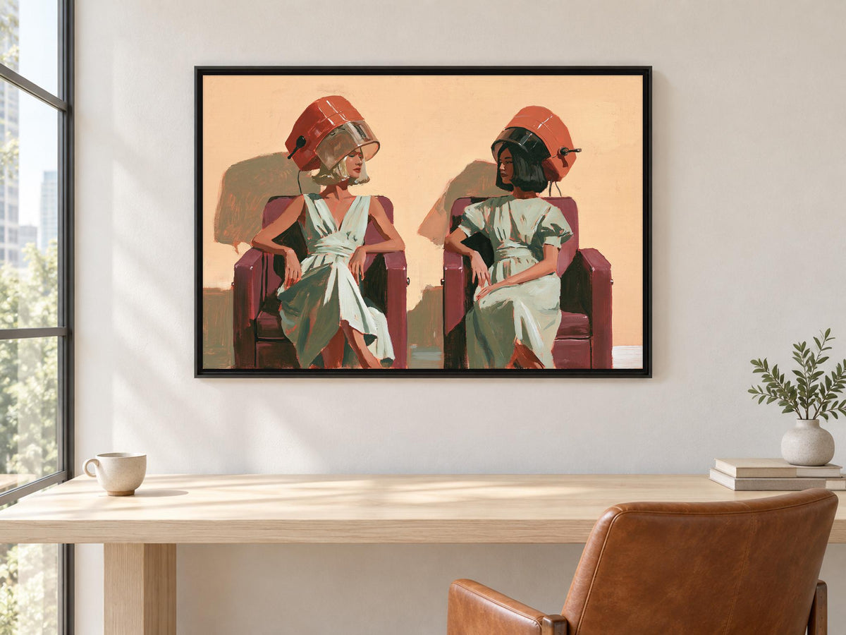 two women sitting in chairs, each wearing a hair dryer on their head, creating a surreal and whimsical scene.