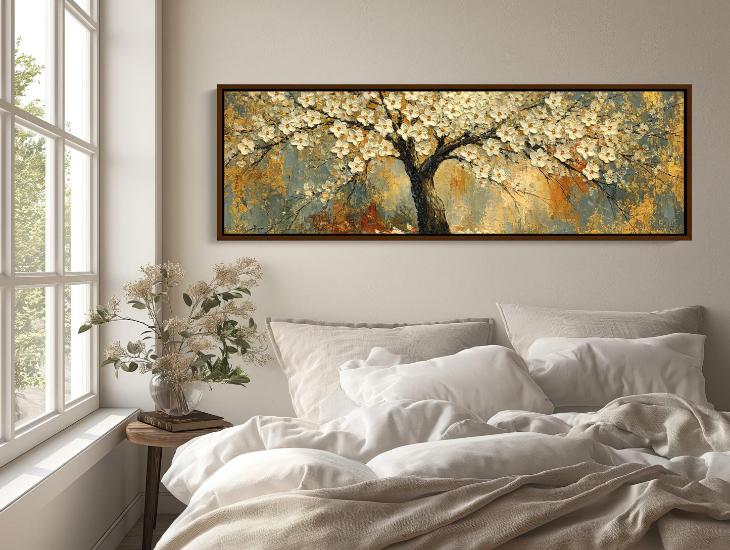 White Blossom Tree canvas wall art shown above a bed