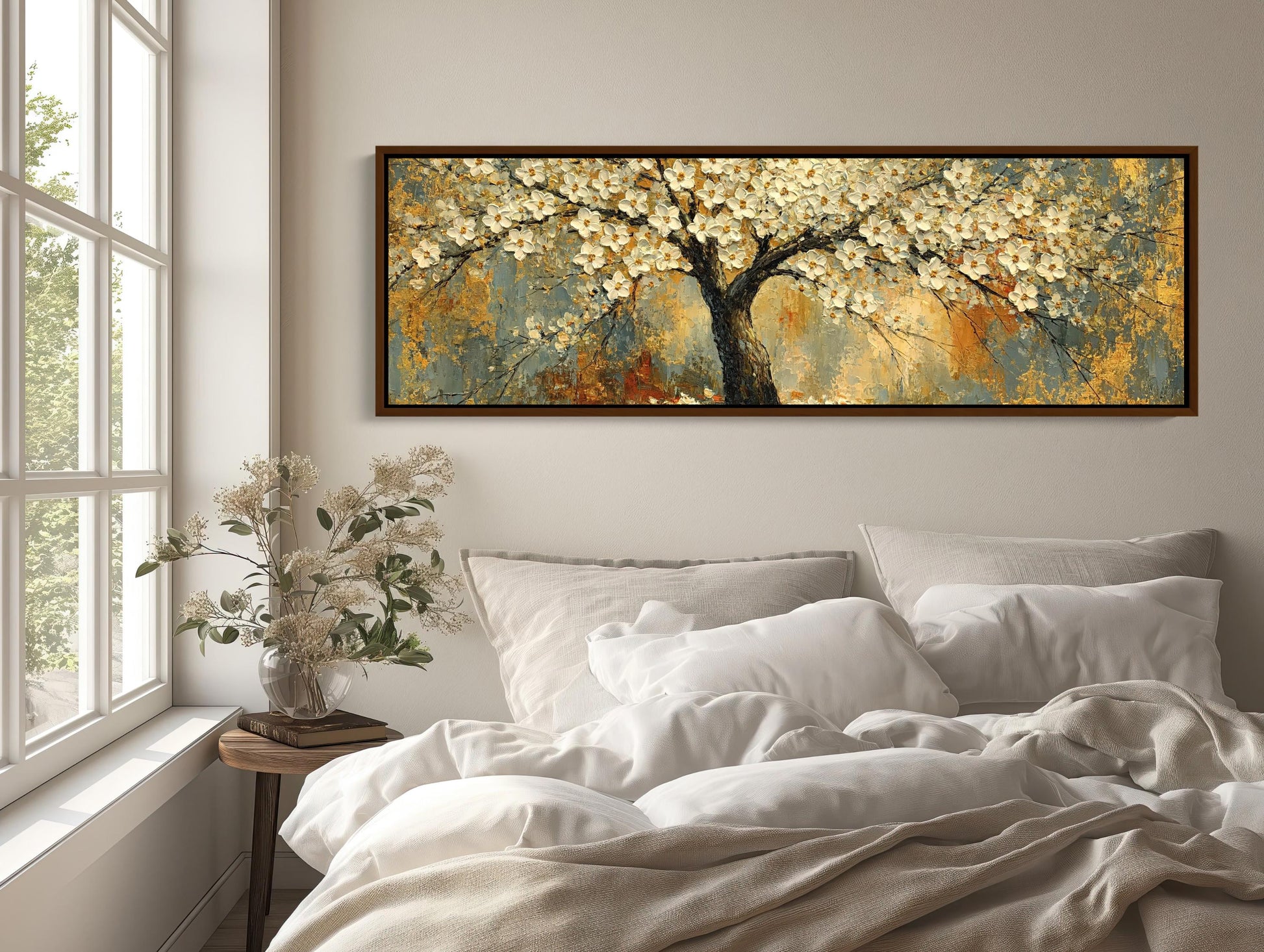 White Blossom Tree canvas wall art shown above a bed