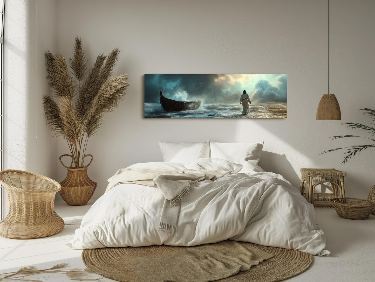 Jesus Walking on Water , Christian Faith canvas wall art shown in a bedroom