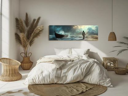Jesus Walking on Water , Christian Faith canvas wall art shown in a bedroom