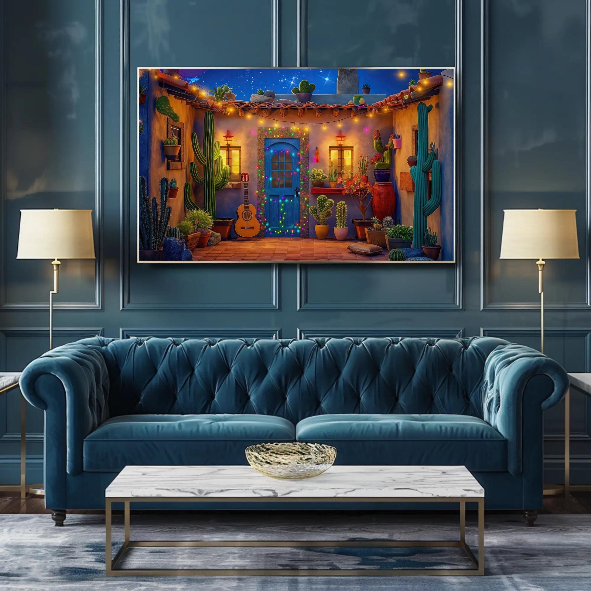 Mexican Fiesta , Colorful Courtyard canvas wall art shown in a living room
