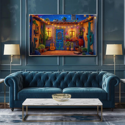 Mexican Fiesta , Colorful Courtyard canvas wall art shown in a living room