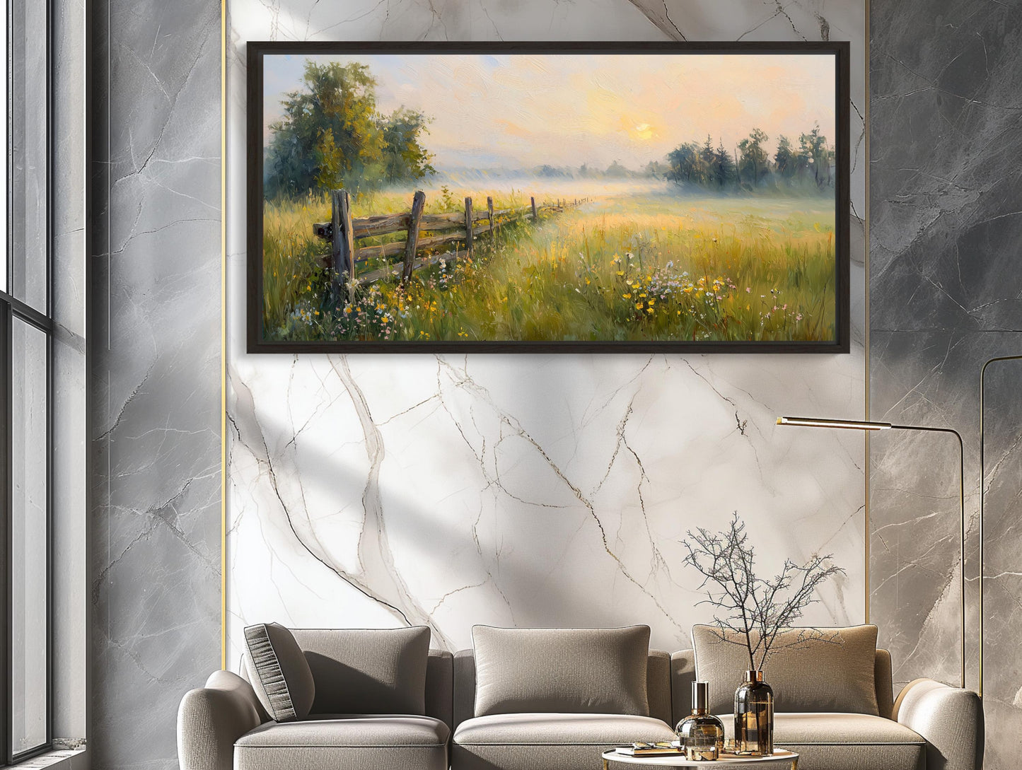 Farmhouse Sunrise canvas wall art shown in a living room (view 2)