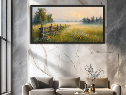 Farmhouse Sunrise canvas wall art shown in a living room (view 2)