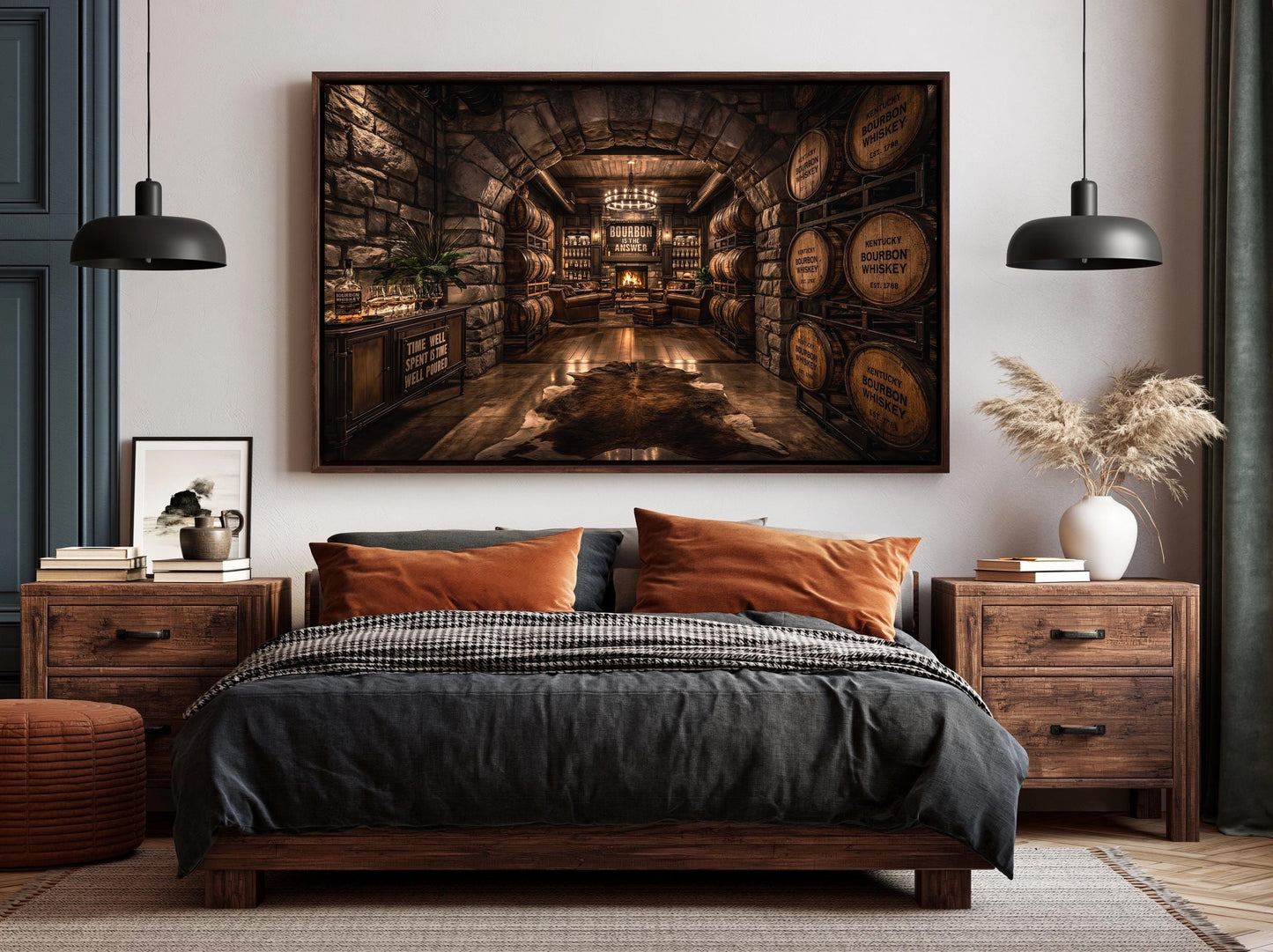 a cozy bedroom with a large bed, wooden furniture, and a framed picture of a wine cellar above it.