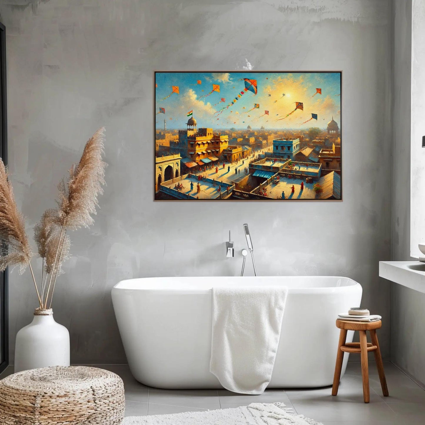a bathroom with a tub and a painting on the wall
