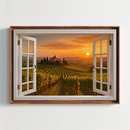 an open window showing a sunset over a vineyard