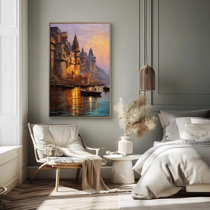 Varanasi Ghats canvas wall art in gold tones (view 2)