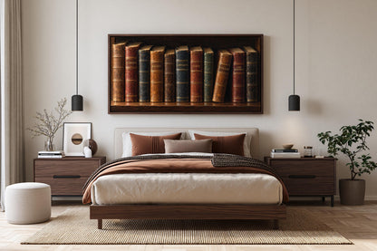 a modern bedroom with a large bed, wooden furniture, and a framed artwork of books on the wall above it.