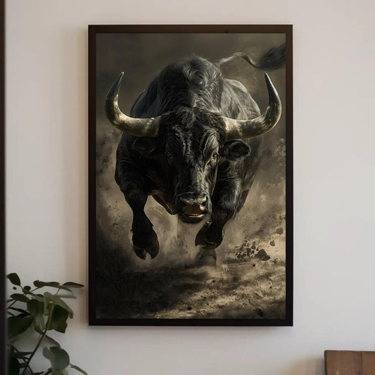 a painting of a bull is hanging on a wall