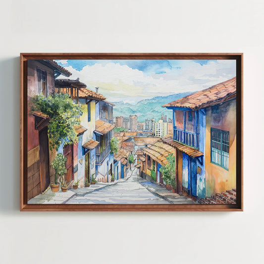 Medellín Watercolor Painting – Framed Colombian Canvas Art | Ready to Hang