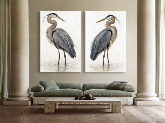 Great blue heron set of 2 canvas wall art, two herons facing each other in calm water