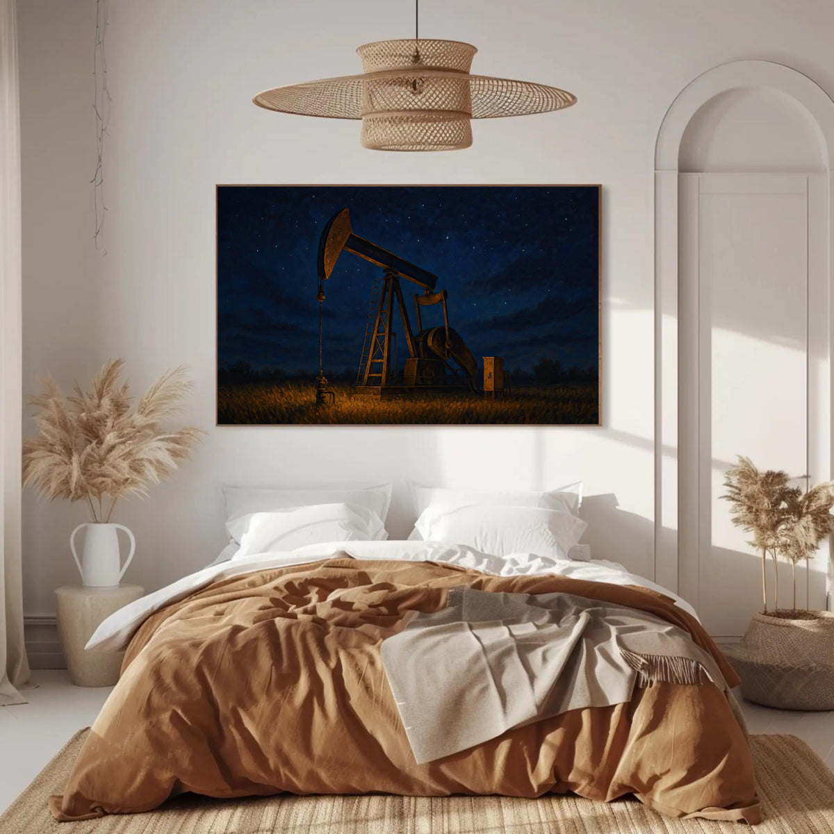 a bedroom with a bed and a painting on the wall
