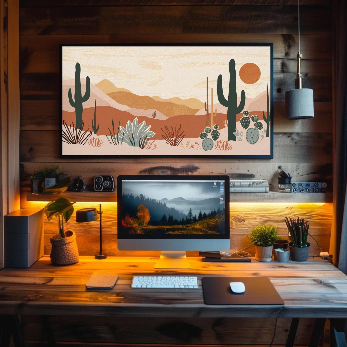 Desert Cacti canvas wall art shown above a desk (view 2)