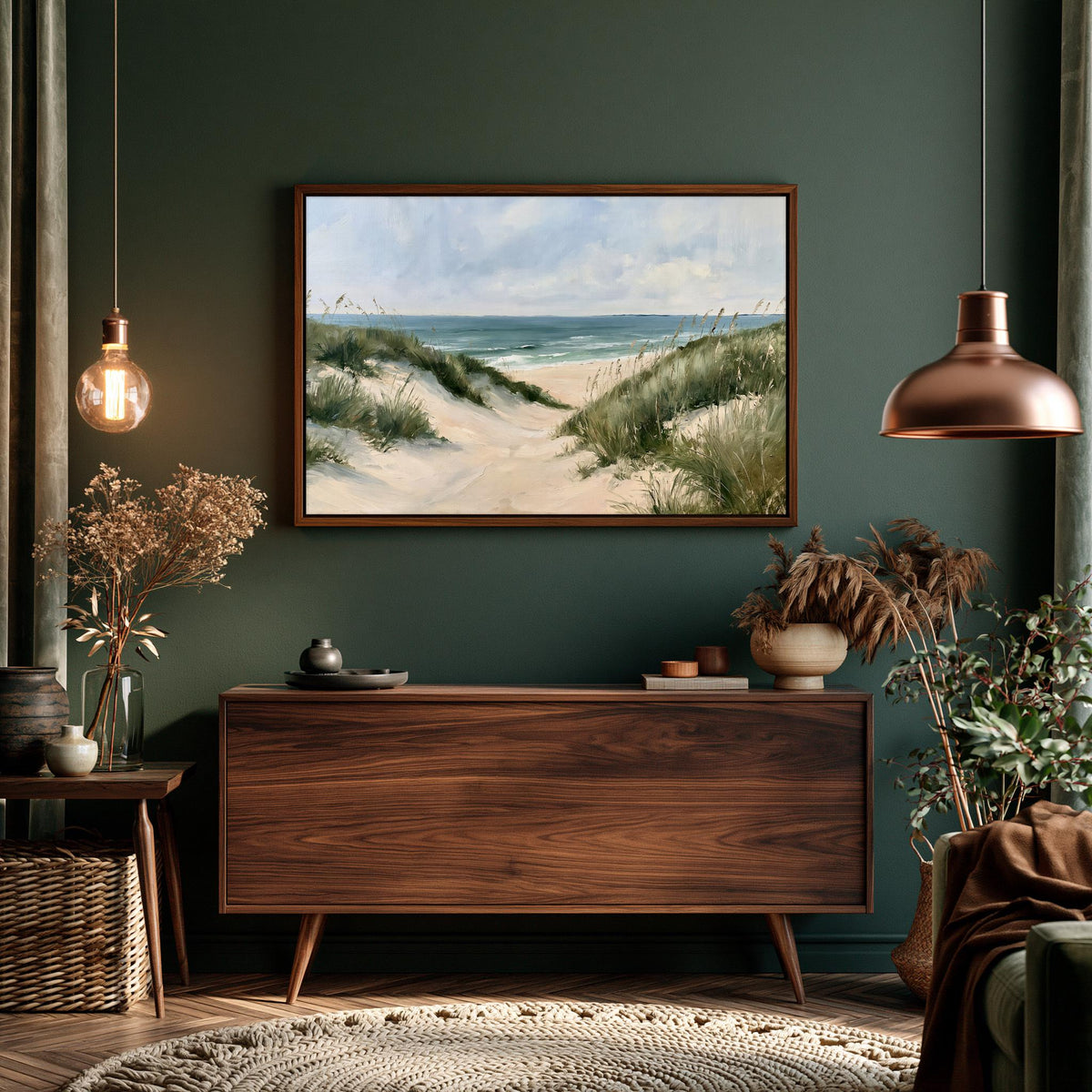 a serene living room with a large painting of a beach scene hanging on the wall. The room is adorned with various decorative elements, including a wooden dresser, potted plants, and a woven rug. The overall atmosphere of the room is calm and inviting, with a harmonious blend of natural and man-made elements.