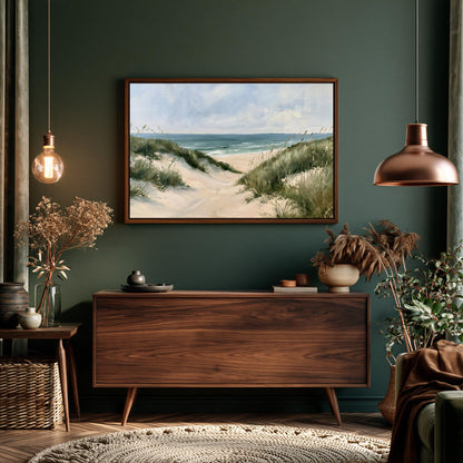 a serene living room with a large painting of a beach scene hanging on the wall. The room is adorned with various decorative elements, including a wooden dresser, potted plants, and a woven rug. The overall atmosphere of the room is calm and inviting, with a harmonious blend of natural and man-made elements.