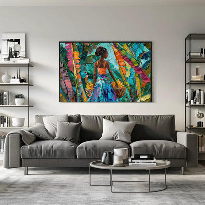 Caribbean Woman canvas wall art shown in a living room