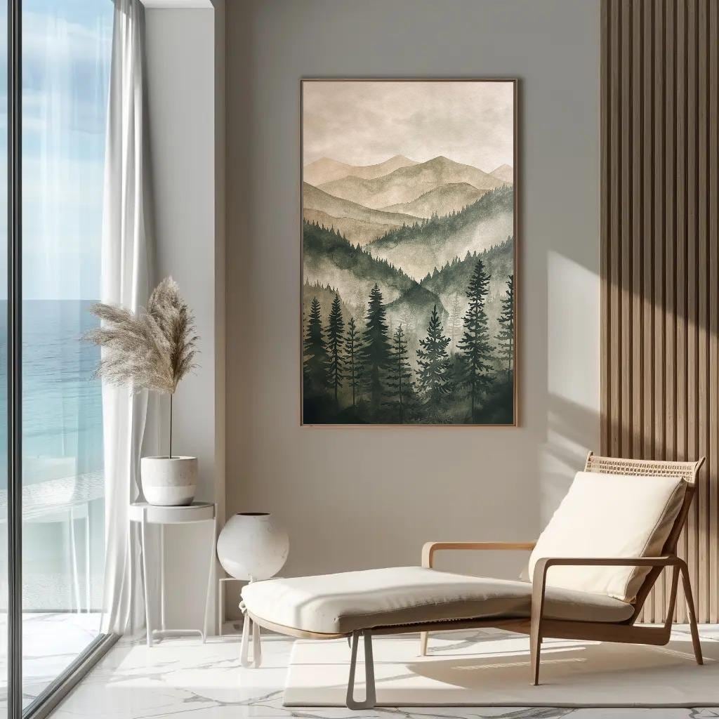Green Mountain Pine Tree watercolor canvas wall art, ready to hang