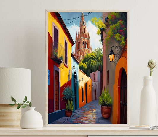 San Miguel de Allende Painting – Vibrant Mexican Street Art on Premium Canvas
