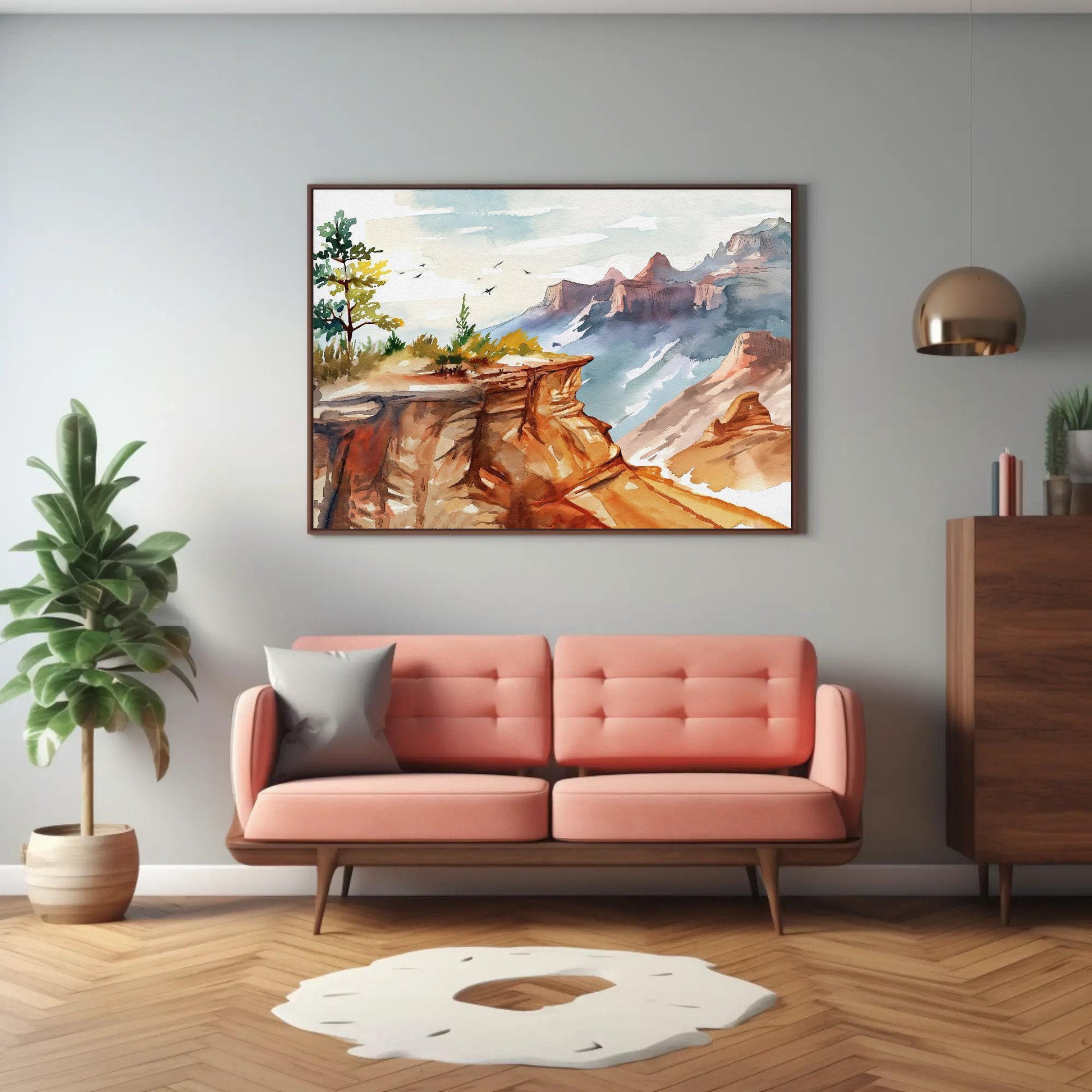 Grand Canyon Watercolor Painting canvas wall art shown in a living room