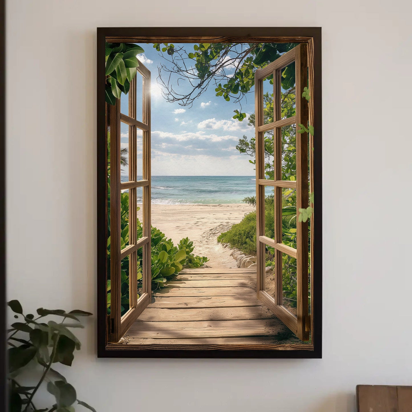 an open window with a view of the beach