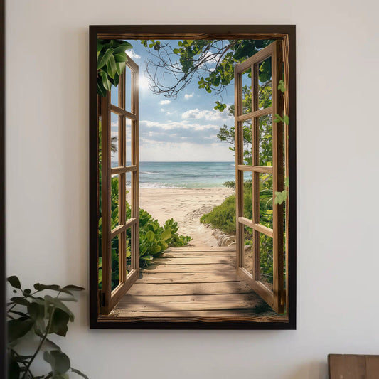 an open window with a view of the beach
