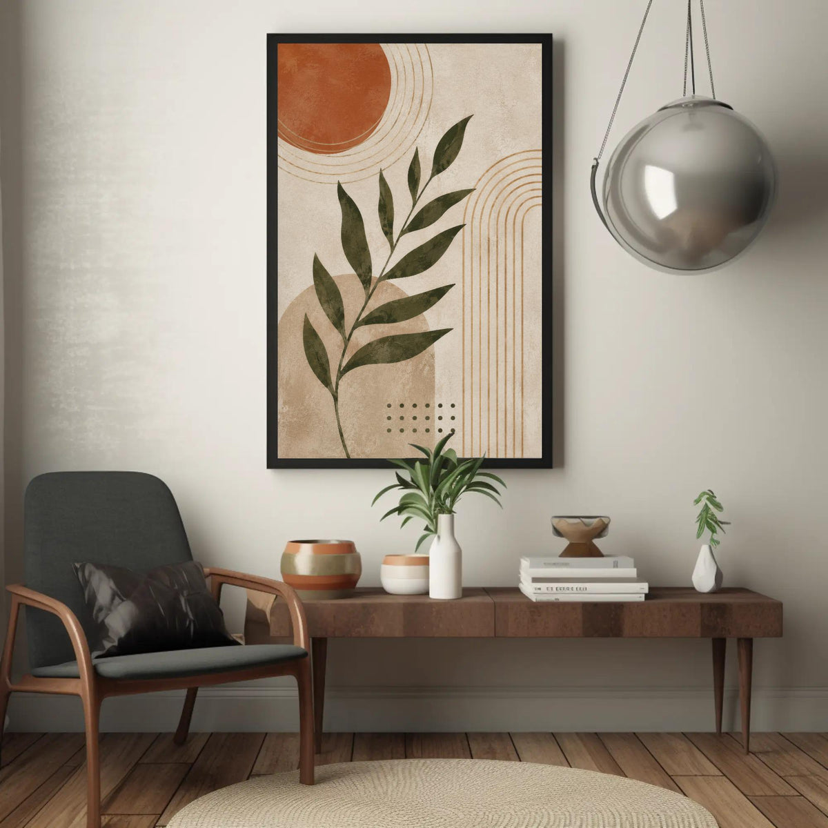 a modern living room with a wooden coffee table, a gray armchair, and a framed abstract painting hanging on the wall above the table.