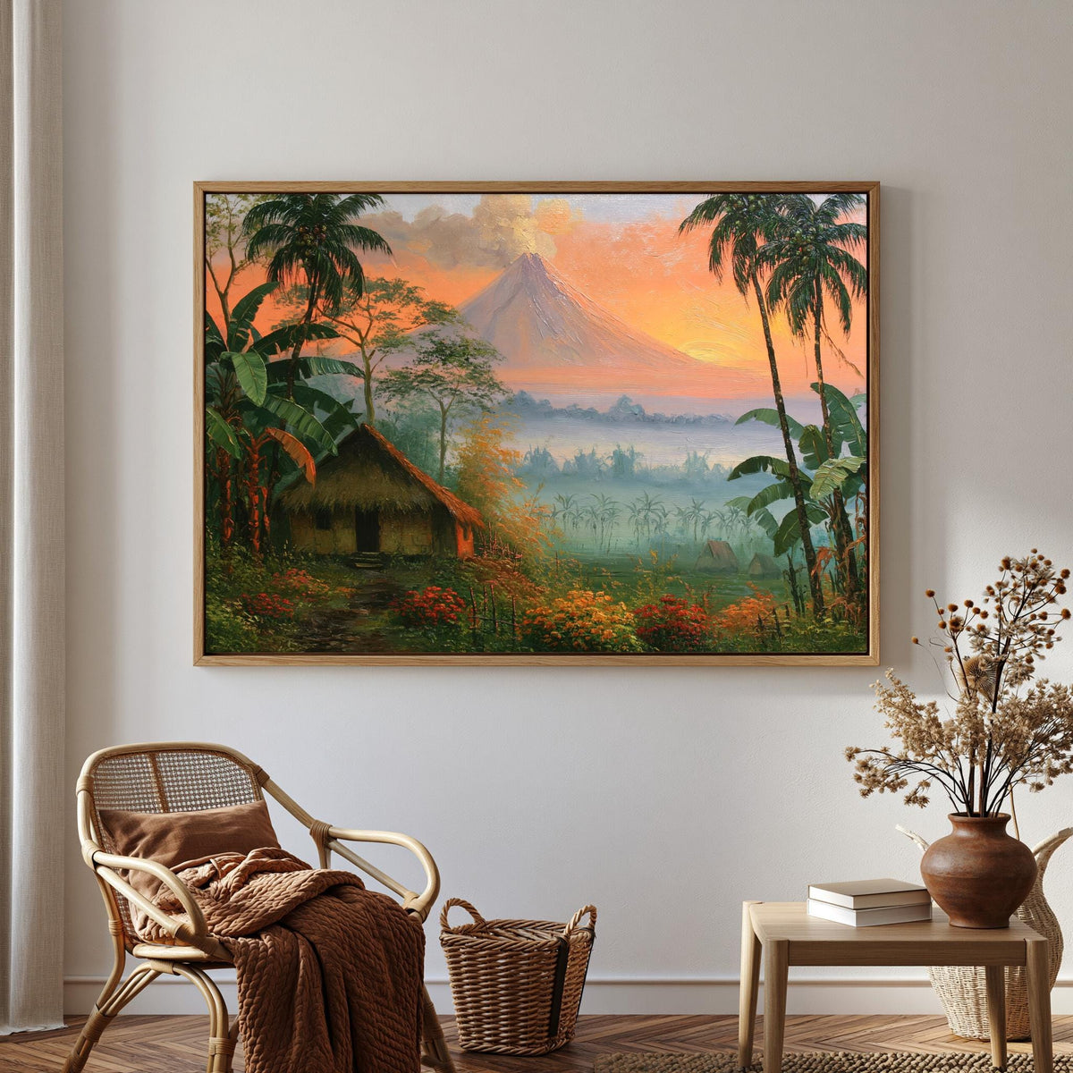 a serene tropical landscape with a lush green forest, a small hut, and a majestic mountain in the background. The sky is filled with warm, vibrant colors, creating a peaceful and idyllic atmosphere.