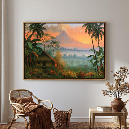 a serene tropical landscape with a lush green forest, a small hut, and a majestic mountain in the background. The sky is filled with warm, vibrant colors, creating a peaceful and idyllic atmosphere.