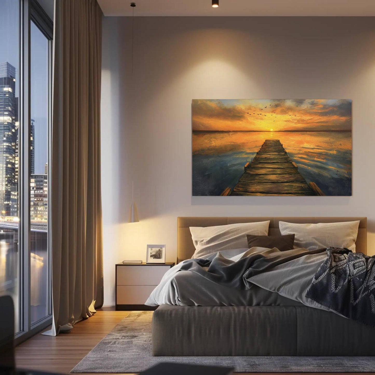 Sunset Dock Canvas - Extra Large Rustic Sunset Scene Lake House Decor Print