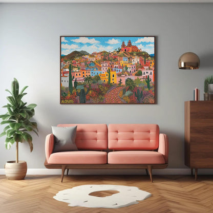 Zacatecas Mexico , Colorful Colonial canvas wall art shown in a living room (view 2)