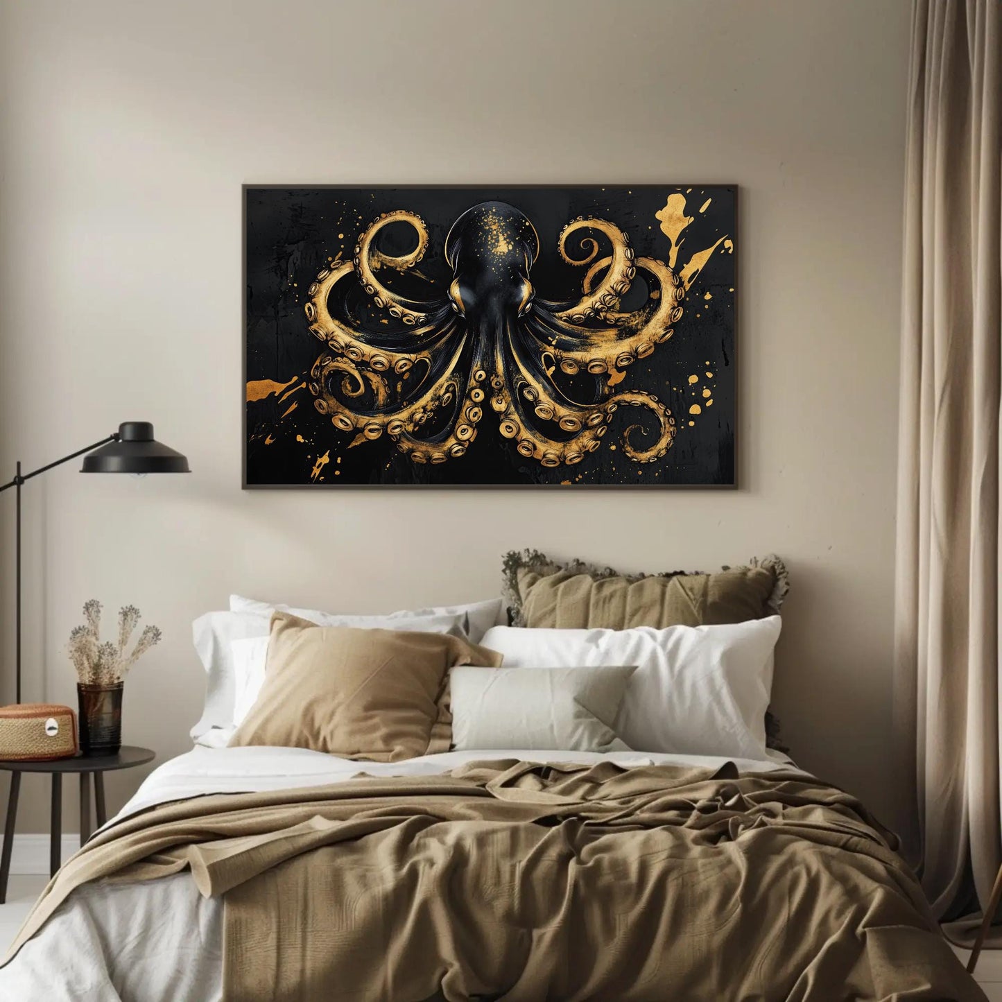 Octopus , Black Gold Nautical Symmetrical canvas wall art shown in a bedroom
