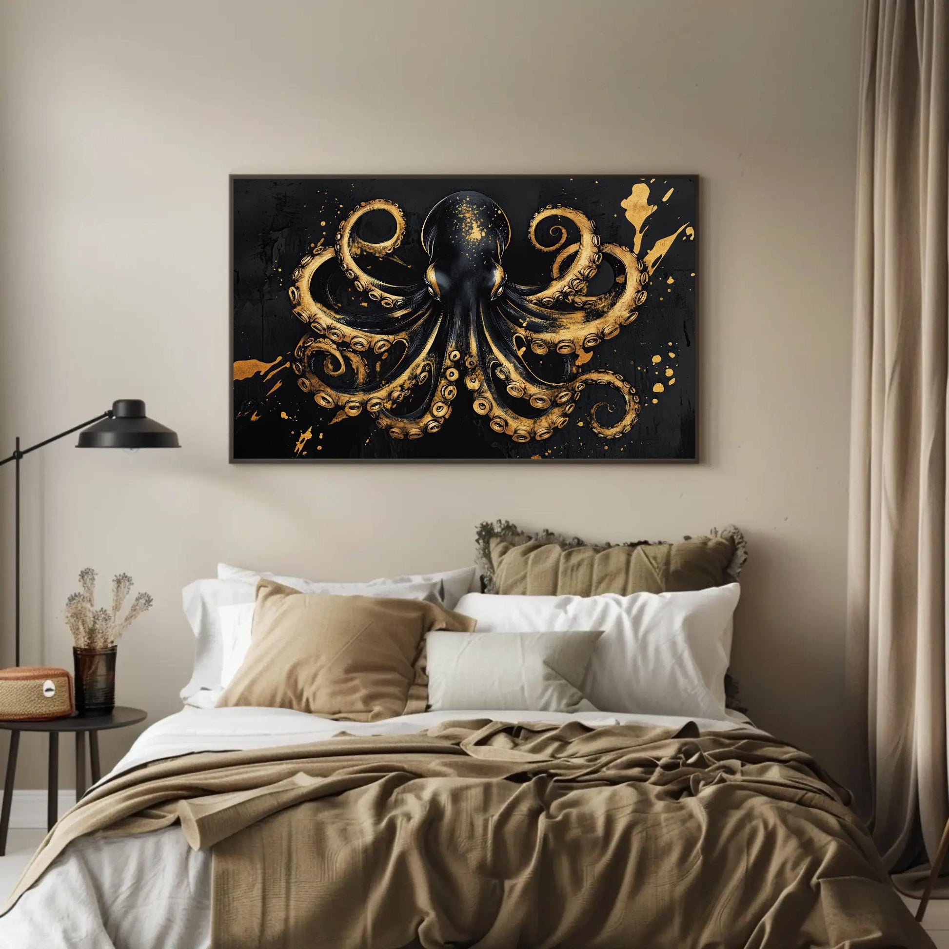 Octopus , Black Gold Nautical Symmetrical canvas wall art shown in a bedroom