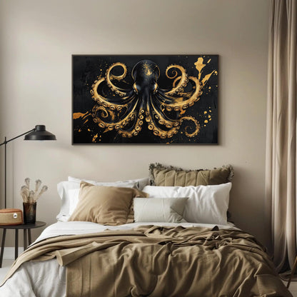 Octopus , Black Gold Nautical Symmetrical canvas wall art shown in a bedroom