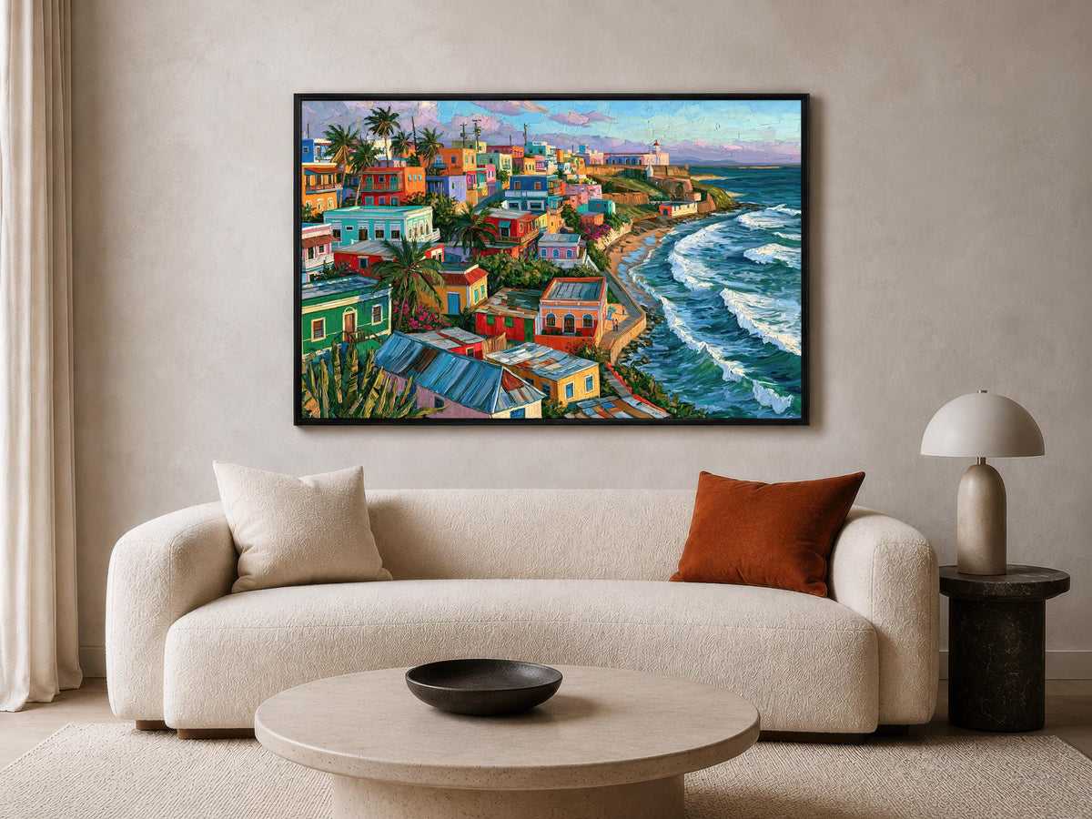 La Perla aerial view canvas wall art, large, colorful painting of a coastal town with buildings, palm trees, and the ocean