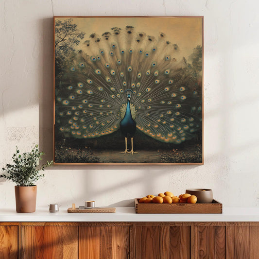 a painting of a peacock on a wall