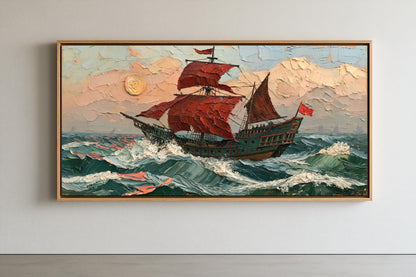 The image is a painting of a large sailing ship with red sails, navigating through rough seas and a stormy sky.