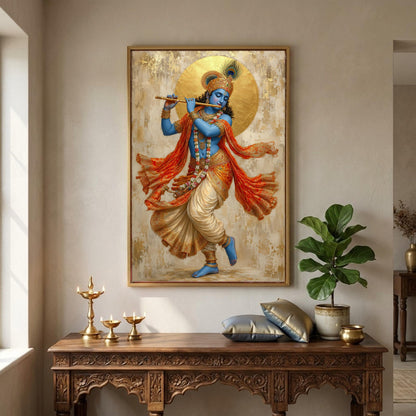a large painting of a Hindu deity, specifically the Hindu god Krishna, who is depicted playing a flute. The painting is hung on a wall above a wooden console table, which has various decorative items such as a potted plant, a vase, and a bowl.