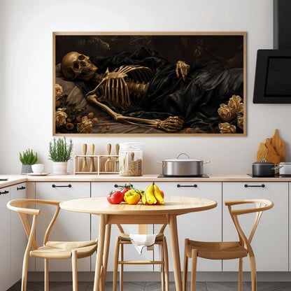 Victorian Sleeping Skeleton Gothic canvas wall art shown in a kitchen