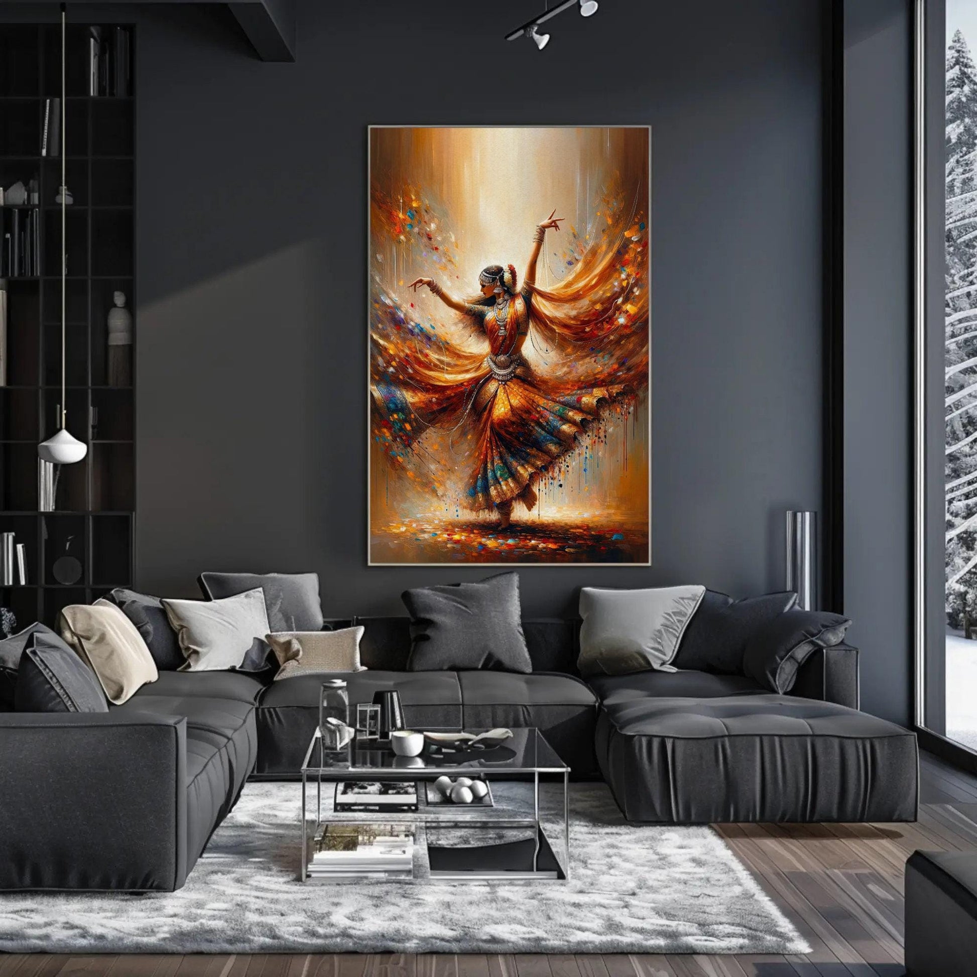 Indian Dancer , Elegance in Motion Cultural canvas wall art shown in a living room