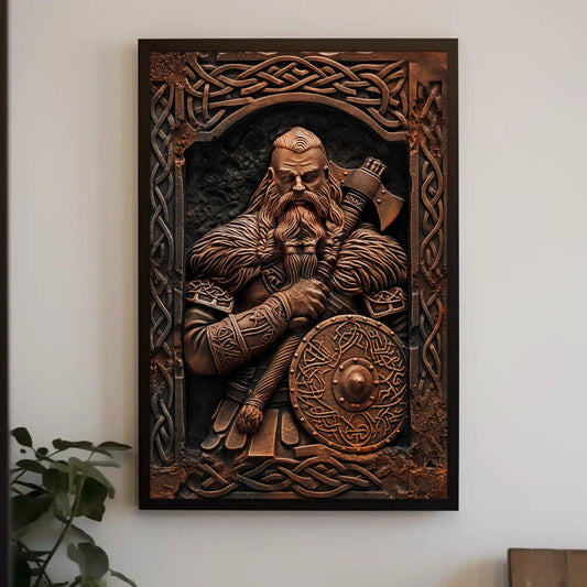 Viking Warrior Canvas – Framed Copper Relief Art | Nordic Wall Decor
