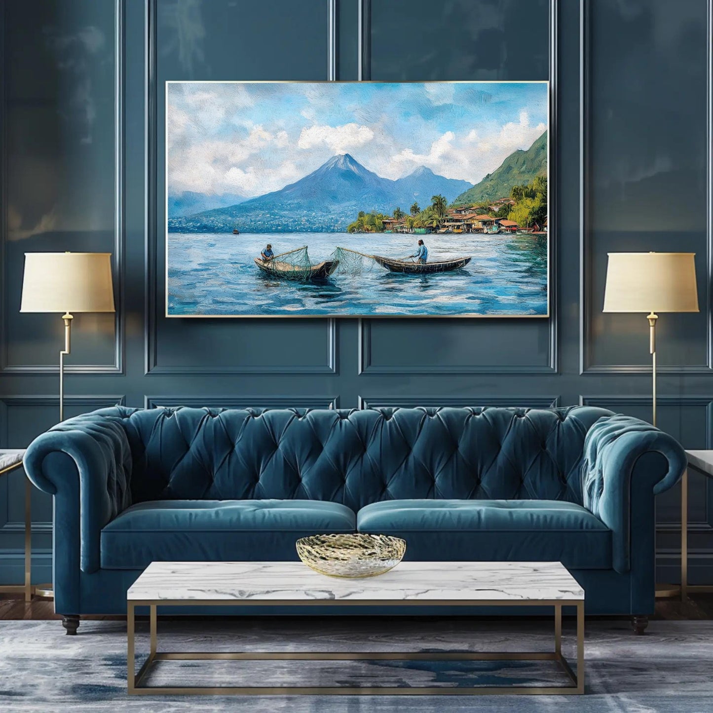 Lake Atitlán , Guatemala Mayan Landscape canvas wall art shown in a living room (view 2)